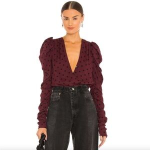 AFRM Burgundy and Black Polka Dots Longsleeve Body Suit XS